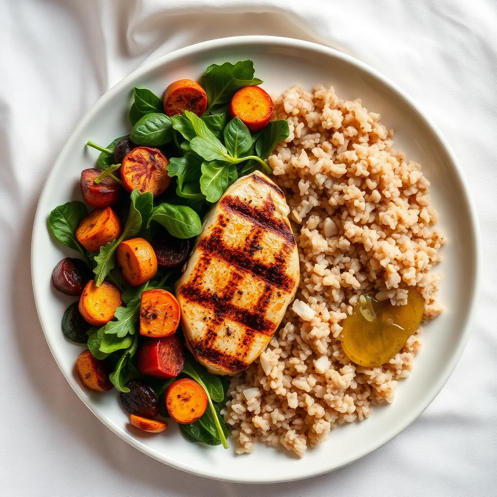 A balanced plate with grilled chicken, roasted vegetables, greens, and rice